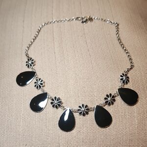 Liz Claiborne Black Enamel Daisies on Silver-Tone Necklace, Pre-loved